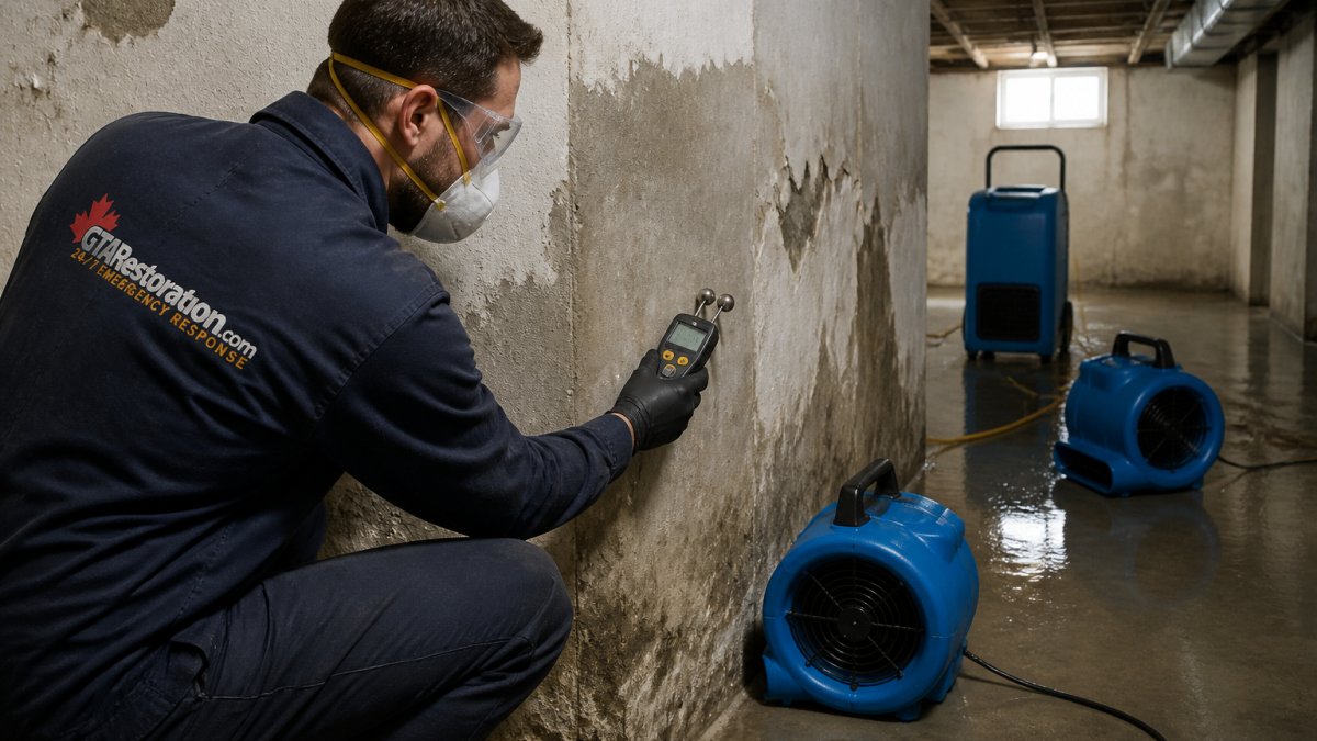 GTA Restoration promotional image for this SERVPRO vs ServiceMaster guide, showing a worker checking wall moisture.