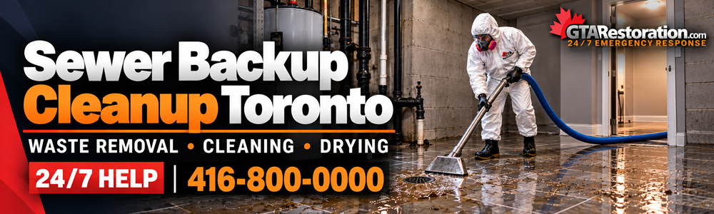 Sewer Backup Cleanup Toronto Indoor Banner Technician extracting wastewater around a basement floor drain during sewer backup cleanup.