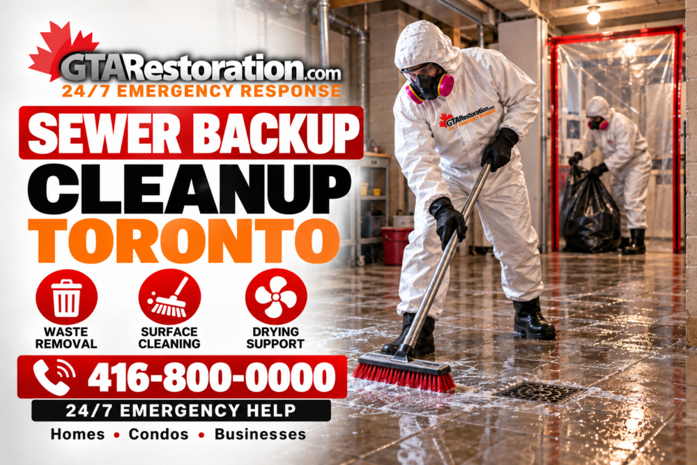 Sewer Backup Cleanup Toronto Promo Poster Sewer backup cleanup poster showing a worker in protective clothing scrubbing a tiled basement floor.