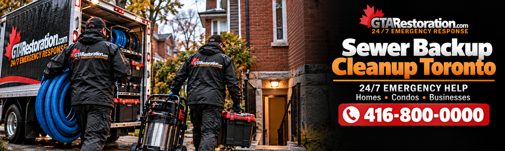 Sewer Backup Cleanup Toronto Response Banner GTA Restoration crew carrying hoses and cleanup equipment from a branded truck toward a brick home.