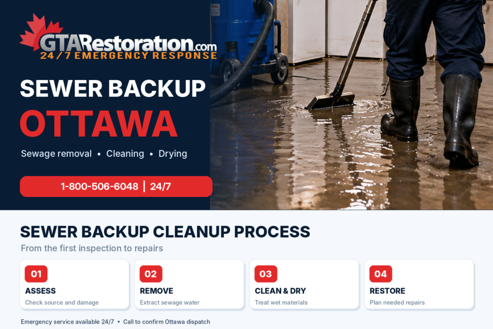 Sewer Backup Ottawa cleanup process showing wastewater extraction, cleaning, structural drying and restoration