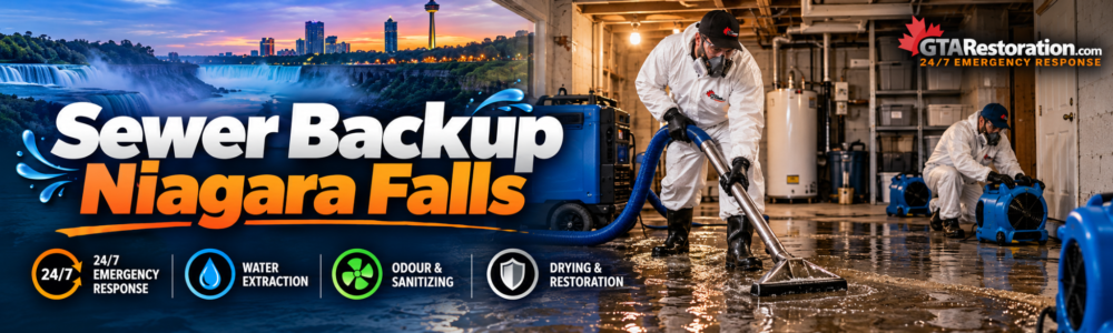 Sewer Backup Niagara Falls restoration with sewage removal, drying and professional cleanup