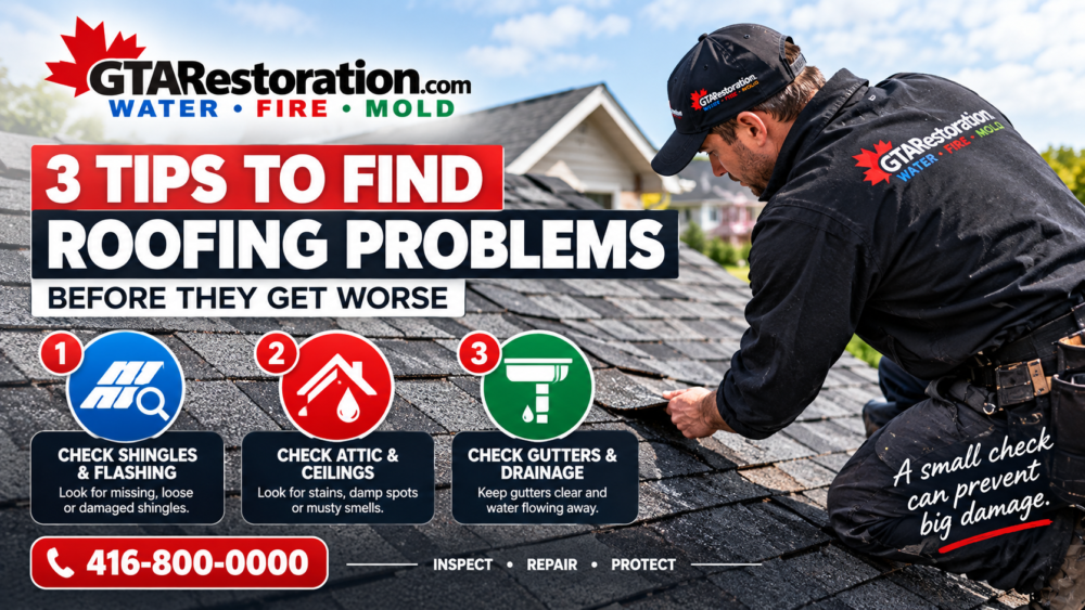 Signs Of Roof Problems Inspection Tips Signs of roof problems with a GTA Restoration technician checking shingles, flashing and roof drainage