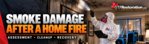 Technician inspecting smoke damage after a home fire with a flashlight and clipboard.