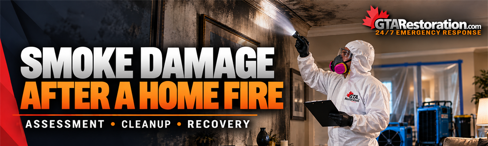 Worker inspecting smoke damage after a home fire with a flashlight and clipboard