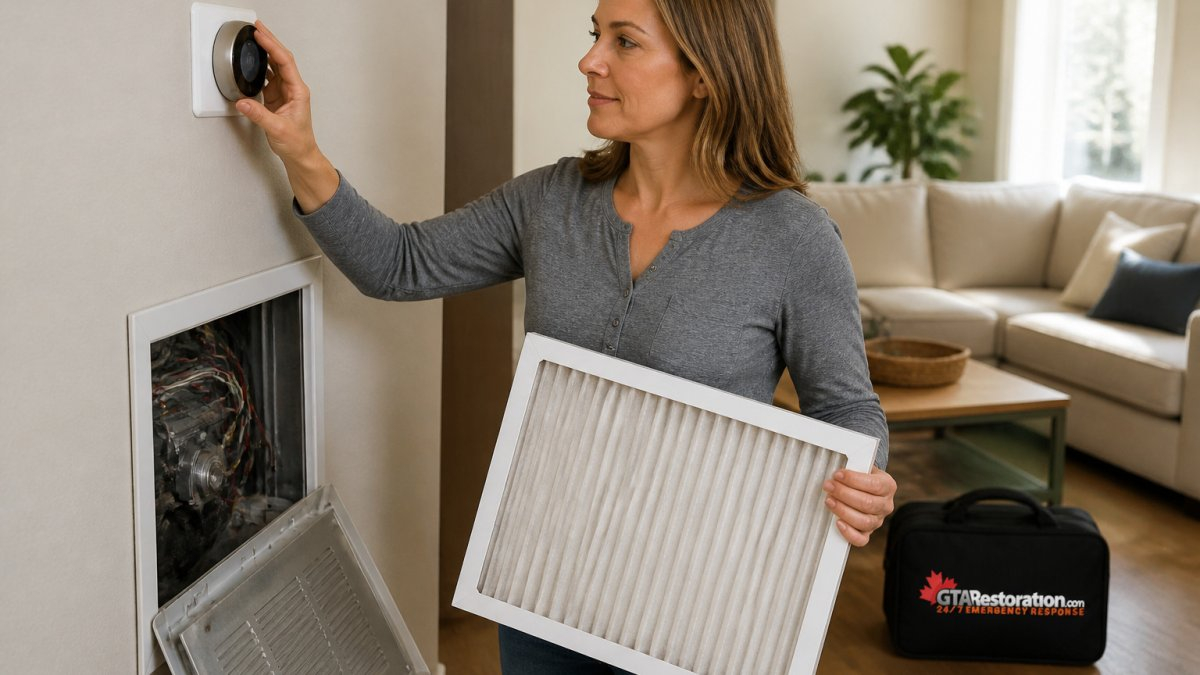 Homeowner replacing a furnace air filter as part of smoke damage cleaning to remove odors from the HVAC system