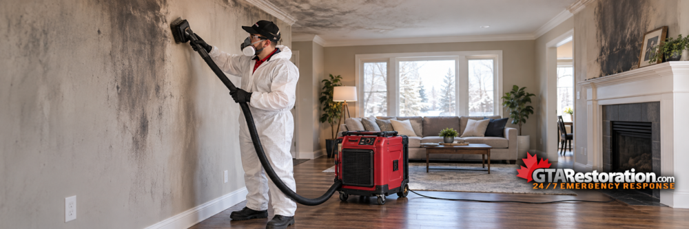 Technician in protective clothing using a vacuum brush to remove soot from a wall