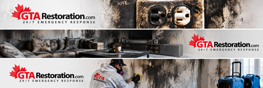 Soot damage on an outlet and room surfaces, with a wall-cleaning scene