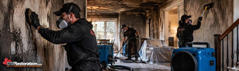 Technicians cleaning soot-stained walls beside restoration equipment