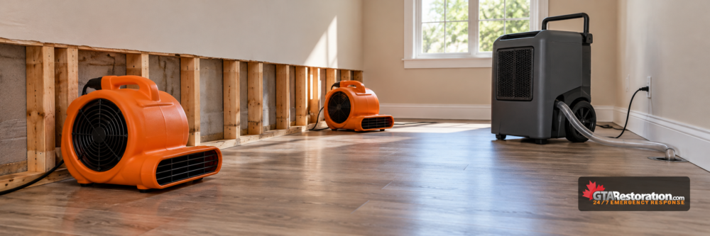 Two air movers and a dehumidifier drying a room with exposed lower wall framing