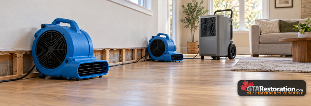 Two blue air movers and a dehumidifier beside exposed lower wall framing.