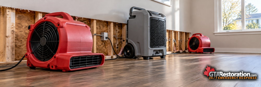 Air movers and a dehumidifier drying a room with exposed lower wall framing