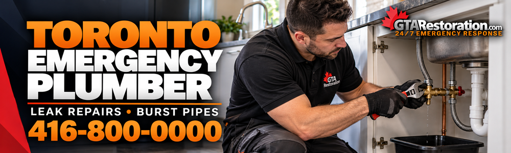 Toronto emergency plumber banner showing a technician working on a leaking fitting beneath a kitchen sink.
