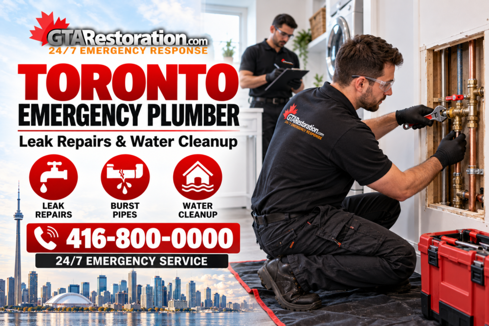 Toronto emergency plumbing poster showing a technician working on exposed copper pipes in a laundry room.