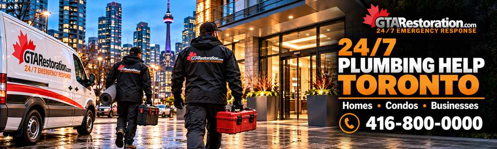 GTA Restoration crew carrying toolboxes and a rolled floor mat toward a condo entrance at dusk.