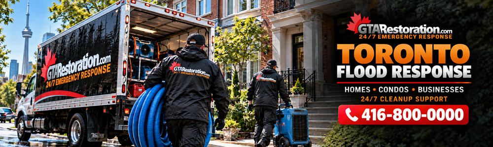 Toronto Flood Cleanup Response Banner
Restoration crew moving hoses and drying equipment from a branded truck toward a Toronto townhouse.
