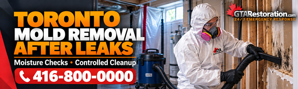 Toronto Mold Removal After Leaks Cleanup Banner Toronto mold removal banner showing a technician using a HEPA vacuum on a damaged wall.