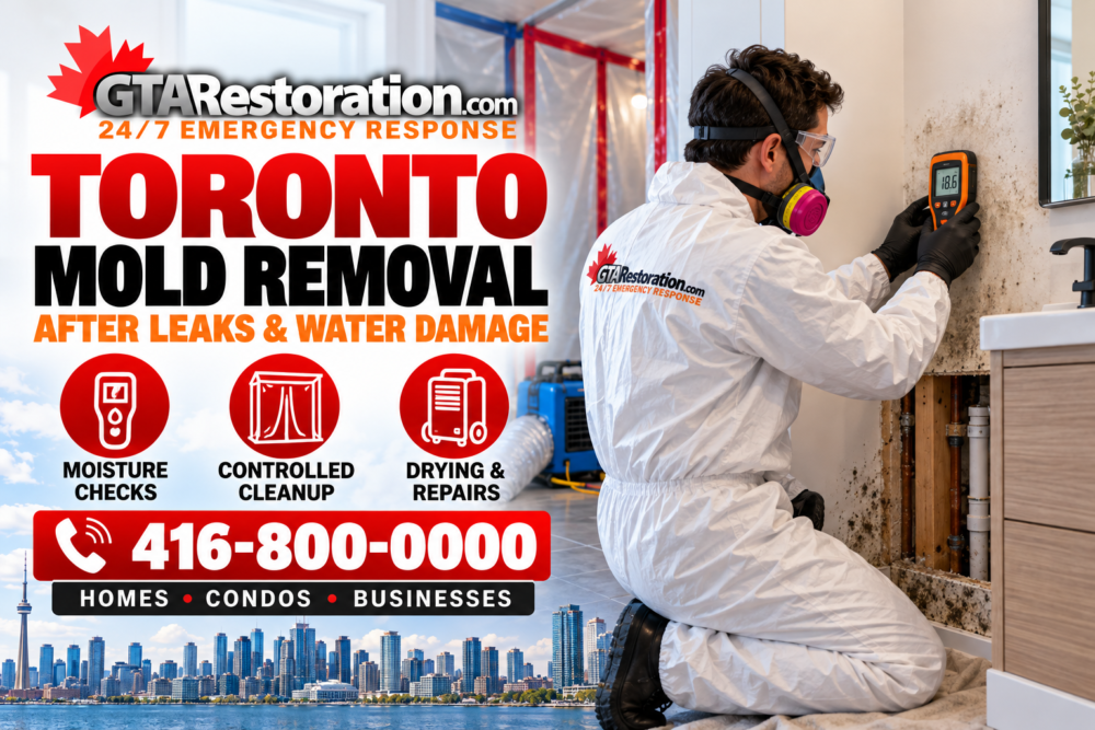 Toronto Mold Removal After Leaks Promo Poster Mold removal poster showing a technician checking a stained bathroom wall with a moisture meter.