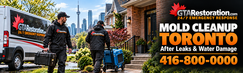 Toronto Mold Removal Team Response Banner GTA Restoration crew carrying an inspection case and moving blue equipment toward a brick home.