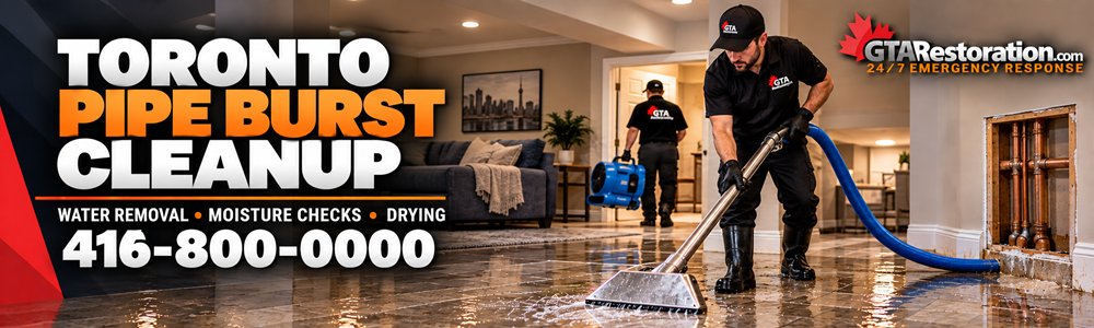 Toronto Pipe Burst Cleanup Indoor Banner Toronto pipe burst cleanup banner showing a worker extracting water from a tiled basement floor.