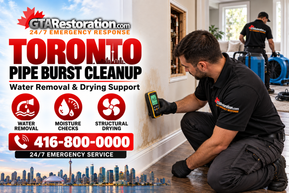 Toronto Pipe Burst Cleanup Promo Poster Technician checking a water-stained wall with a moisture meter during pipe burst cleanup.