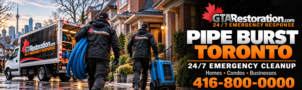 Toronto Pipe Burst Cleanup Response Banner GTA Restoration crew carrying a blue hose and moving a dehumidifier toward a brick home.