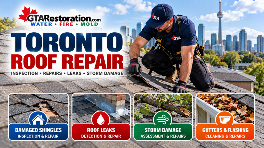 Toronto Roof Repair Inspection Leaks Storm Damage Toronto roof repair inspection with shingle damage, roof leaks, storm damage and gutter flashing problems