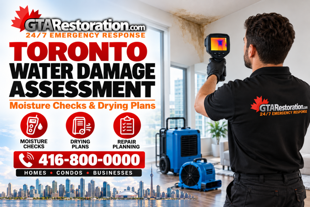Toronto Water Damage Assessment Drying Plan Poster Water damage assessment poster showing a technician using a thermal camera near a stained wall and ceiling.