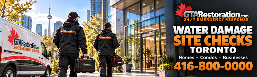 Toronto Water Damage Assessment Site Visit Banner Two GTA Restoration technicians carrying a hard case, tool bag and tablet toward a glass office entrance.
