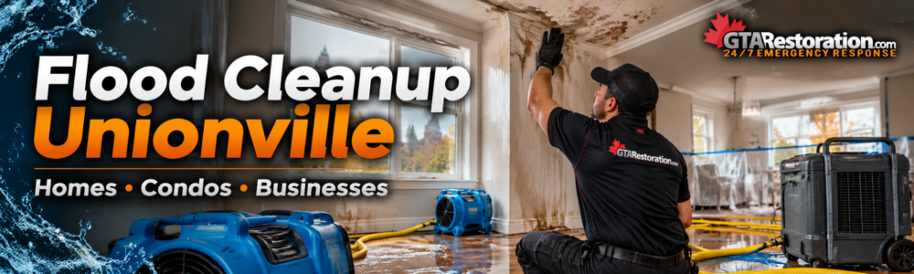 Illustrated technician inspecting a stained ceiling in a room with hoses and drying equipment.