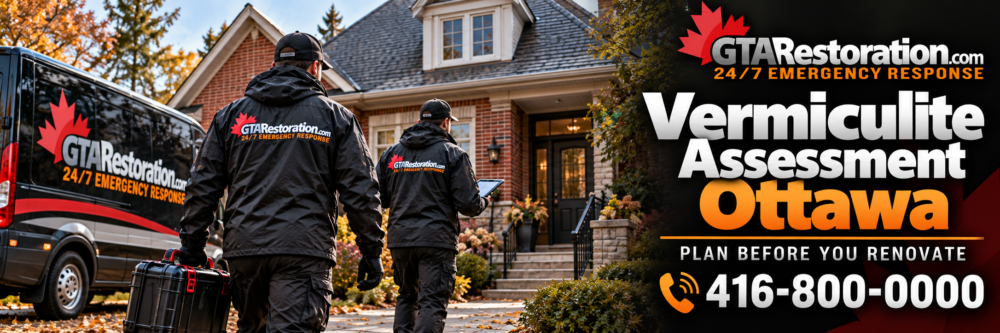 Illustration of two GTA Restoration technicians arriving at a brick home with an equipment case and tablet.