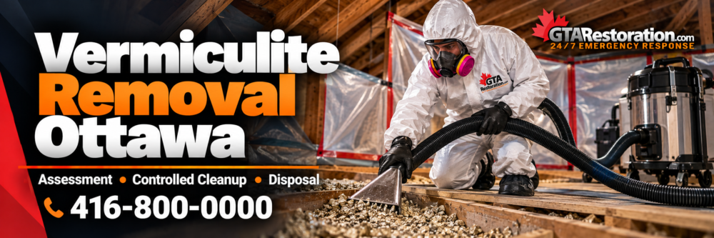 Illustration of vermiculite removal in Ottawa showing a protected worker collecting loose attic insulation, Vermiculite Removal Ottawa Cleanup Banner

