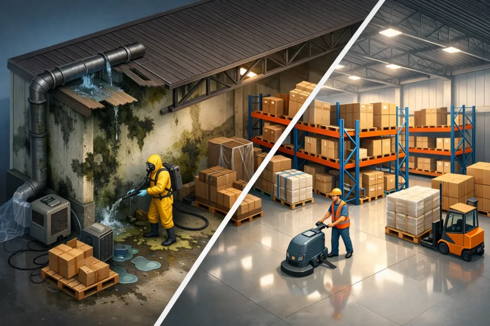 These are the existing WordPress media files used in the HTML, not newly generated banners., Warehouse mold remediation example from leak to reopening