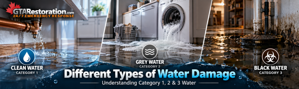 Professional drying after a clean water leak, Water Damage Categories Clean Grey Black Water Water damage categories showing Category 1 clean water, Category 2 grey water and Category 3 black water