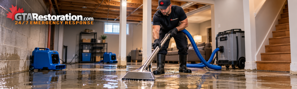 GTA Restoration technician extracting standing water from a flooded basement