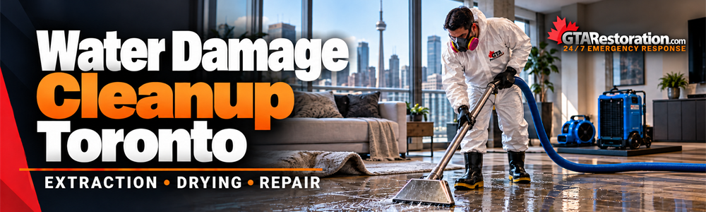 Water Damage Cleanup Toronto Indoor Banner, Water-damaged flooring lifted and buckled, with the GTA Restoration logo Technician extracting water from a condo floor during water damage cleanup in Toronto.