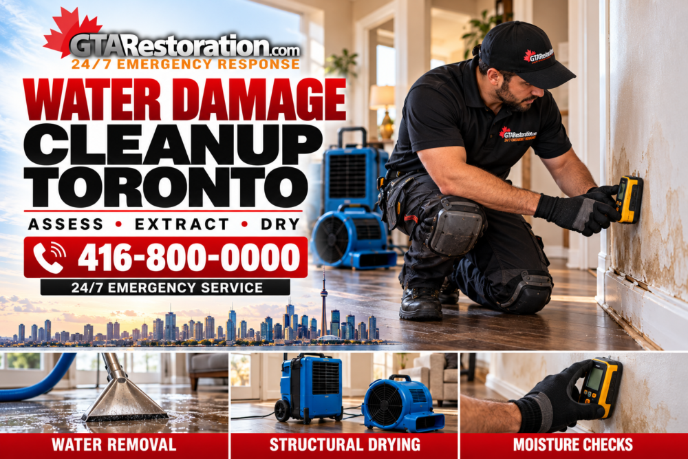 Water Damage Cleanup Toronto Service Poster Technician checking a water-stained wall with a moisture meter beside GTA Restoration’s Toronto cleanup services.