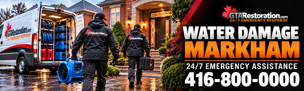 Water Damage Markham Emergency Response Banner Two restoration crew members carrying a blue air mover and inspection case toward a brick house.