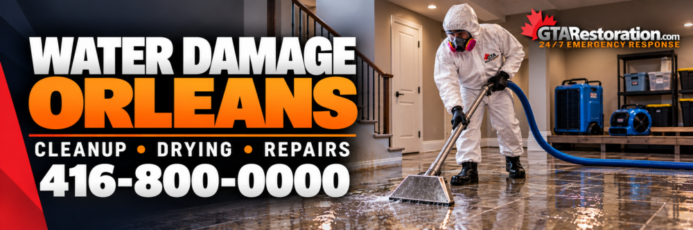Illustrated banner for water damage in Orleans showing a protected worker extracting water from a basement floor.