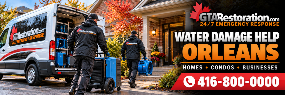 Illustration of two GTA Restoration technicians bringing drying equipment from a branded van toward a brick home.
