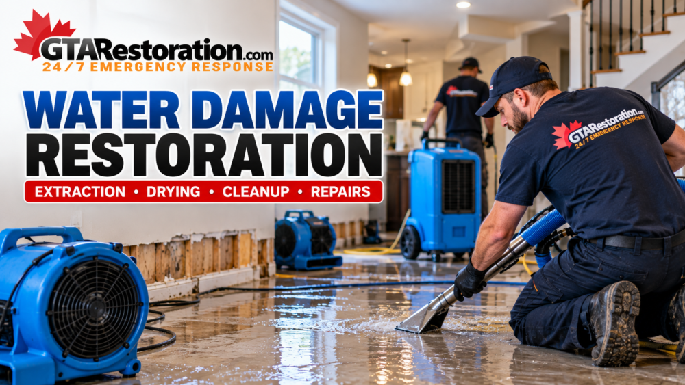 Water damage restoration with technicians removing water and using air movers and dehumidifiers during cleanup
