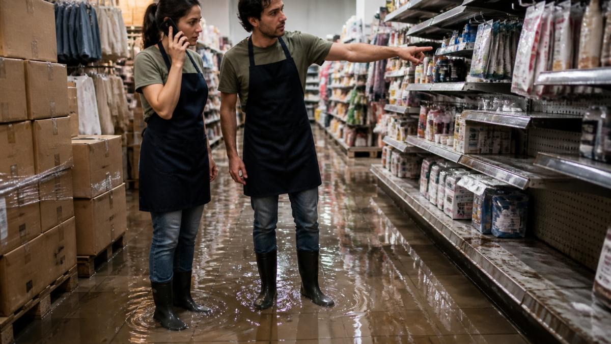 Retail employees assessing flooded store aisles for water damage restoration for retail stores project.
