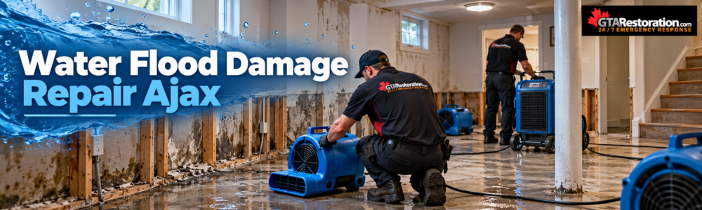 Flood Damage Ajax structural drying with air movers and dehumidifiers