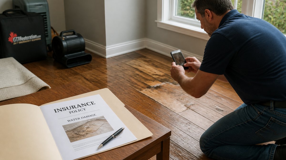 A homeowner kneeling on a water-stained floor, photographing buckled hardwood with a smartphone while an insurance folder sits open on a nearby table, soft daylight through a window