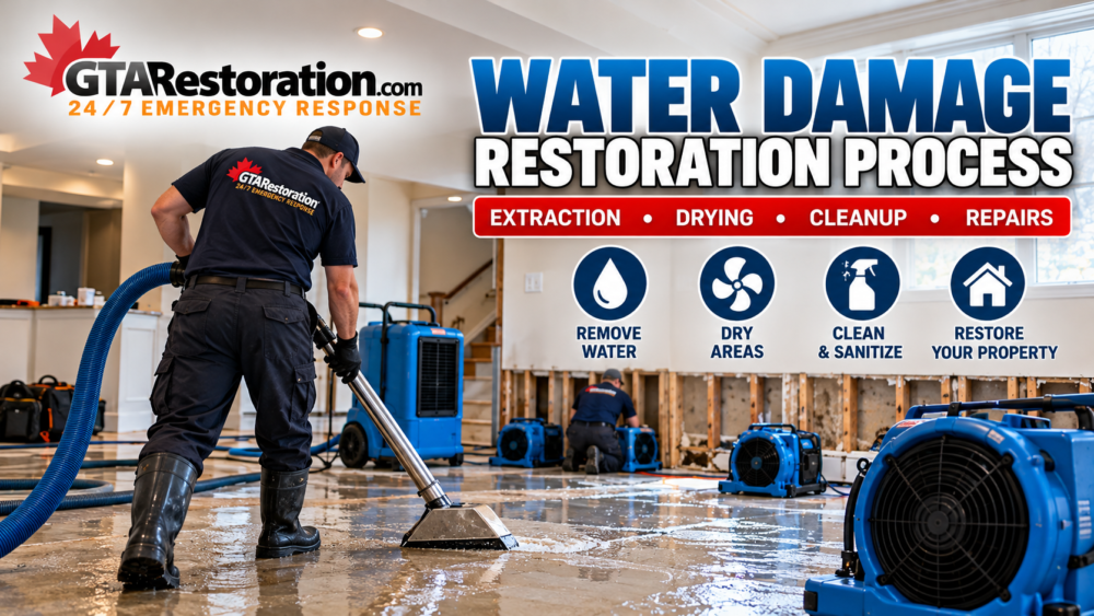 Water damage restoration process showing extraction, drying, cleanup and repair work inside a water-damaged