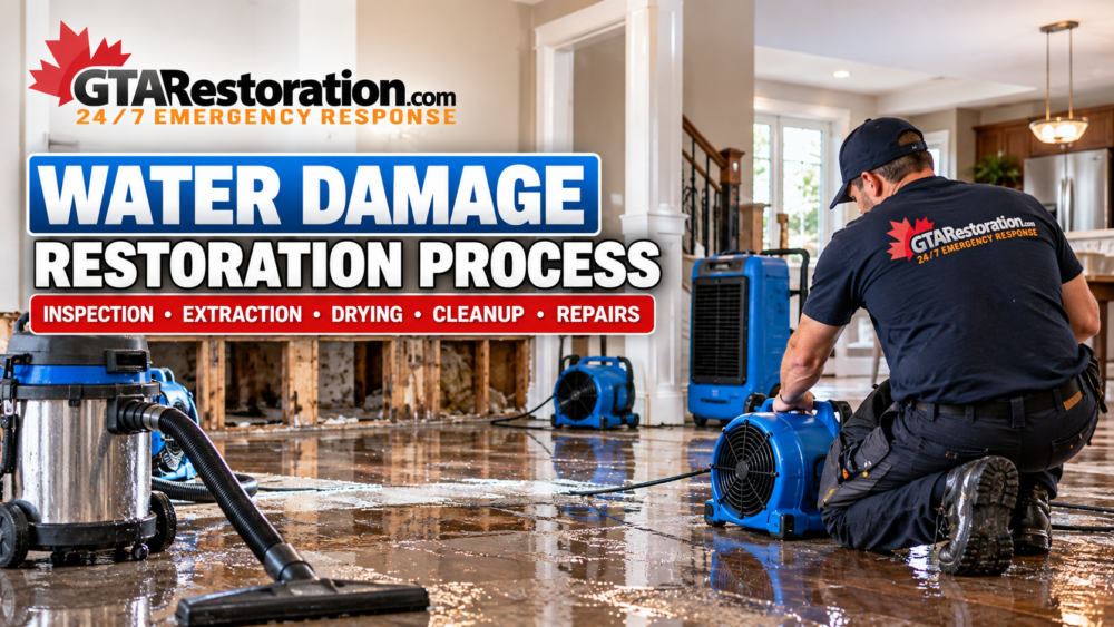Water damage restoration process with professional drying equipment