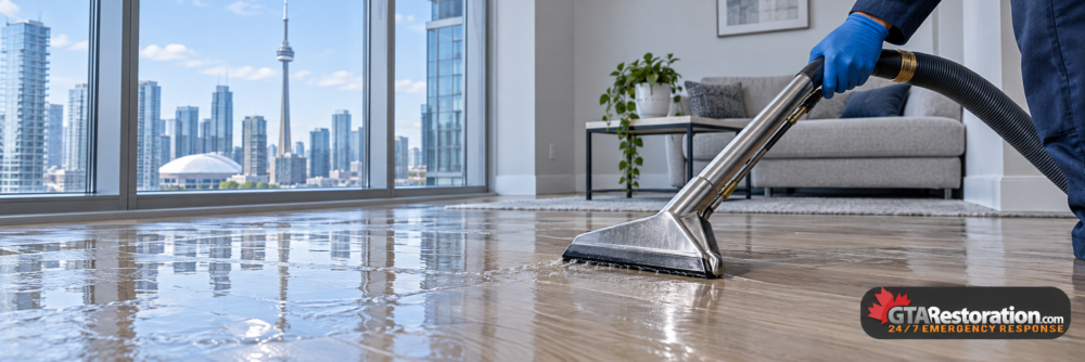 Water damage restoration in a Toronto condo using a water extraction wand.