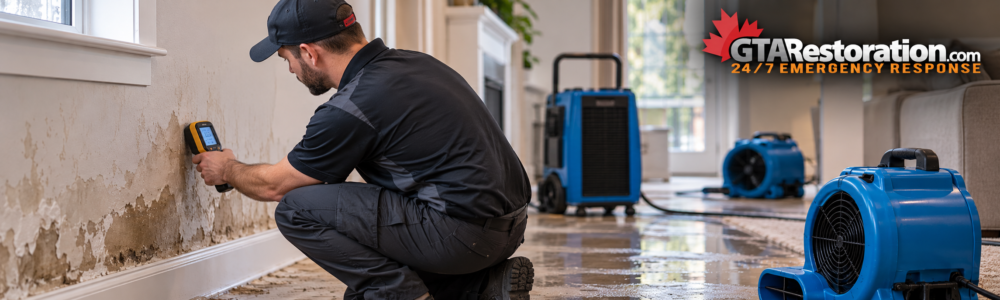 GTA Restoration technicians setting up air movers and a dehumidifier in a water-damaged room