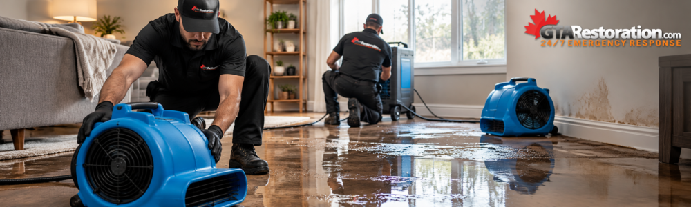 GTA Restoration technician checking a water-damaged wall with a moisture meter beside drying equipment