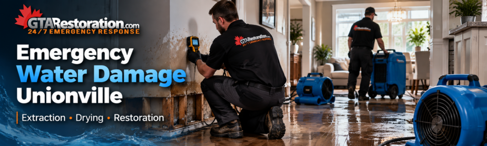 Promotional illustration of a technician checking a stained wall with a handheld device beside drying equipment.